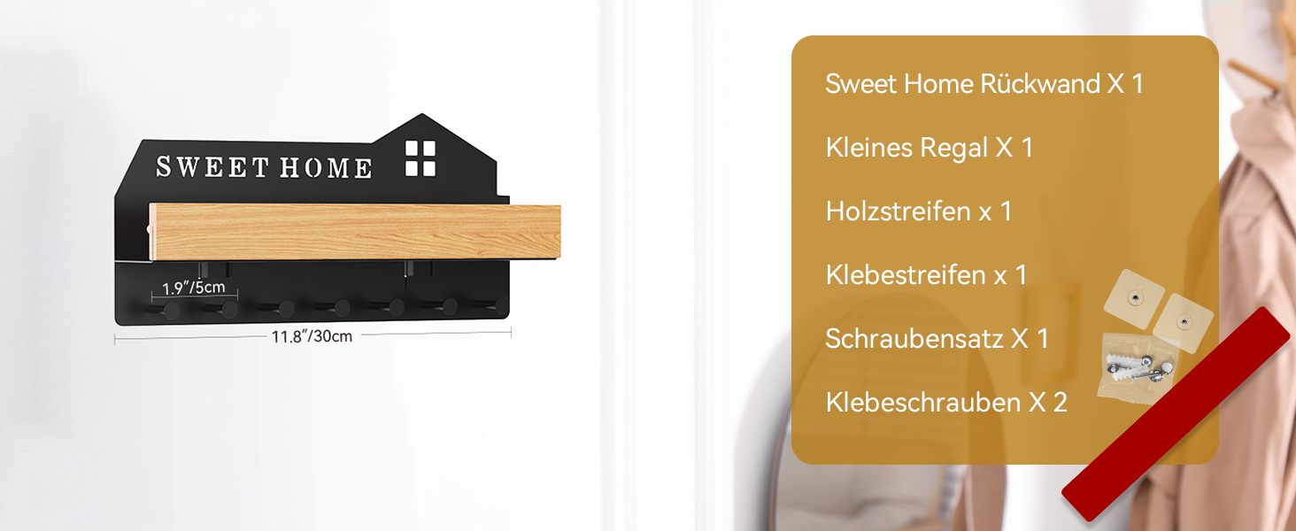 Ключниця настінна з полицею HOME+HOLZ чорна, без свердління, 7 гачків, для коридору, самоклеюча/на шурупах