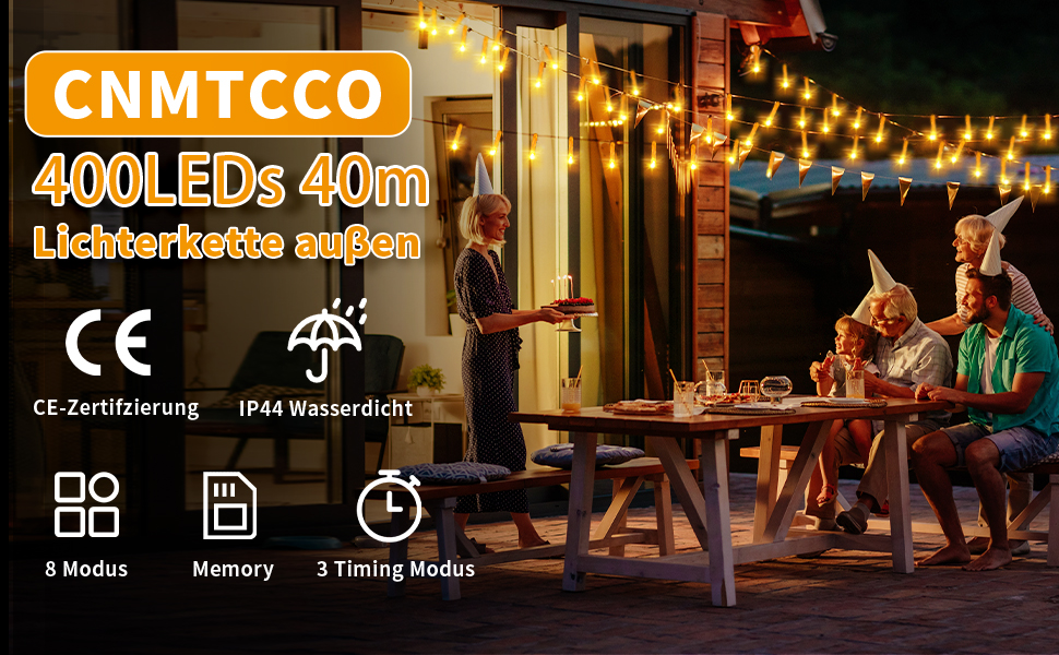 LED гірлянда 20м 200LED тепле біле світло, 8 режимів, таймер, пульт, IP44, для декору саду, вечірки, весілля, Різдва