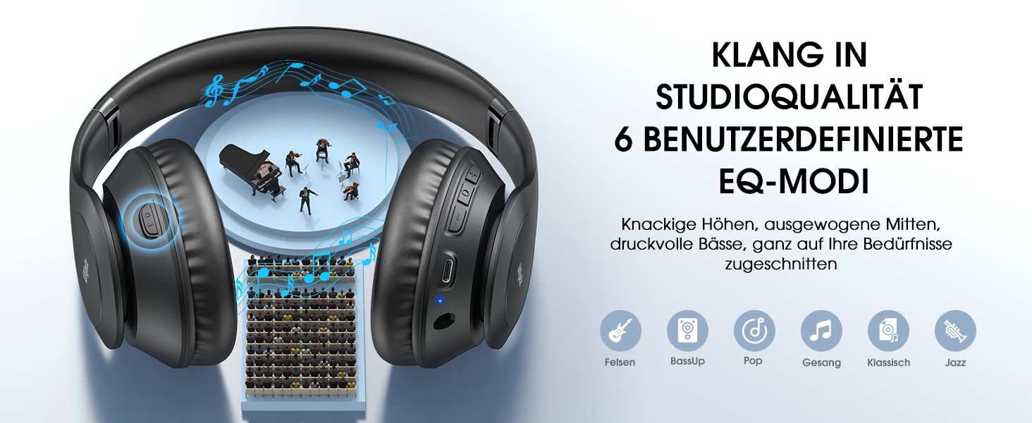 Бездротові навушники Uliptz Over-Ear Bluetooth з 65 годинами роботи, 6 EQ-режимів, HiFi стерео, складні, для подорожей/офісу/телефону/ПК (Чорний)