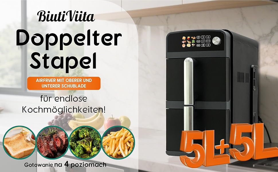 Фритюрниця повітряна подвійна 10L з 2 відсіками | 2400W, 9 програм, таймер, економія енергії, миється в посудомийній машині, сірий колір