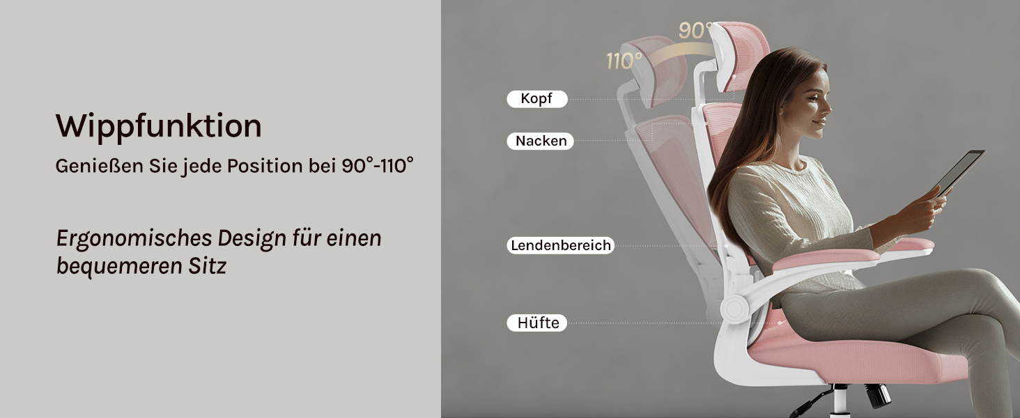 Офісний стіл Woltu: ергономічне крісло з функцією гойдання, регульована підголовник, обертові підлокітники, підтримка попереку, 150 кг, Рожевий