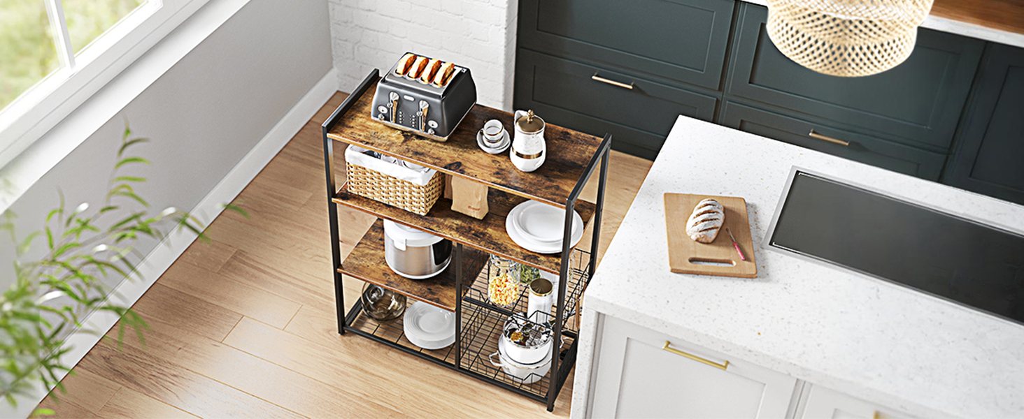 Стелаж кухонний VASAGLE з 2 металевими кошиками, з гачками та полицями, 35 x 80 x 93,5 см, золотий дуб/білий