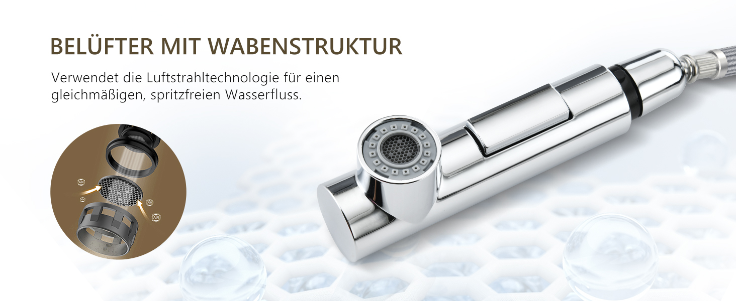 Змішувач кухонний DAYONE з висувною лійкою, нержавіюча сталь, 3 режими, 360° обертання, для кухонної мийки (15 см), матовий (хром, низький вигин-337)