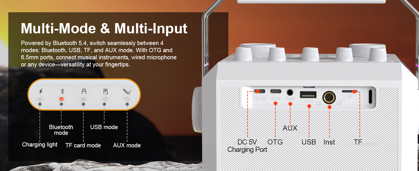 Портативна Bluetooth-колонка караоке з 2 бездротовими мікрофонами, RGB-підсвічуванням, регулюванням високих та низьких частот, ефектами голосу, AUX/USB/TF/OTG, 6,5 мм роз'єм, для вечірок (біла)
