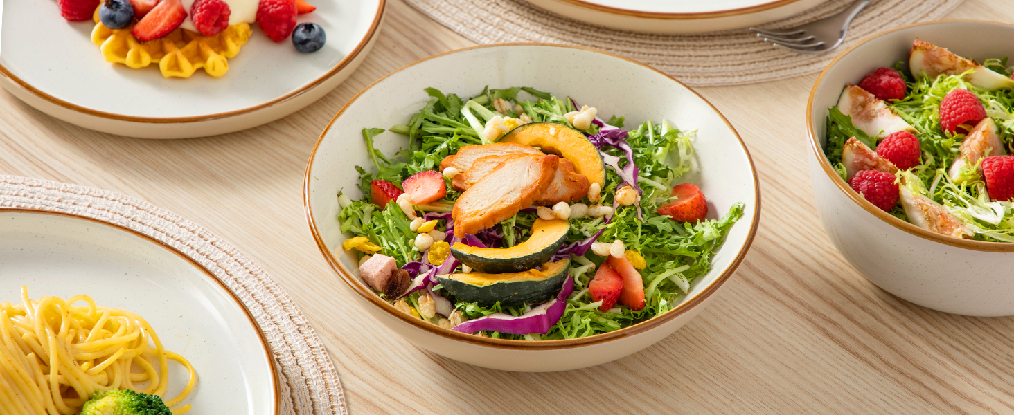 Набір посуду на 6 осіб Vancasso RENO 24 шт. з каменю, сучасний сервіз: тарілки для їжі, супу, десерту, миски. Підходить для миття в посудомийній машині та для використання в мікрохвильовій печі (Бежевий)