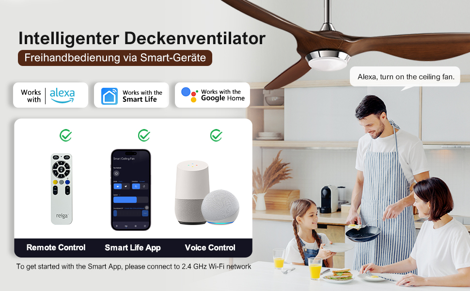 Стеляний вентилятор Reiga 132 см з LED-підсвічуванням та пультом керування, тихий реверсивний DC мотор, 6 швидкостей, керування через додаток, колір коричневий, лопаті з імітацією дерева