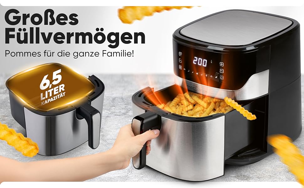 Фритюрниця ProfiCook® Heißluftfritteuse 6.5L з нержавіючої сталі | Airfryer з 8 програмами | Без масла та жиру | 80°C - 200°C | Модель 2025