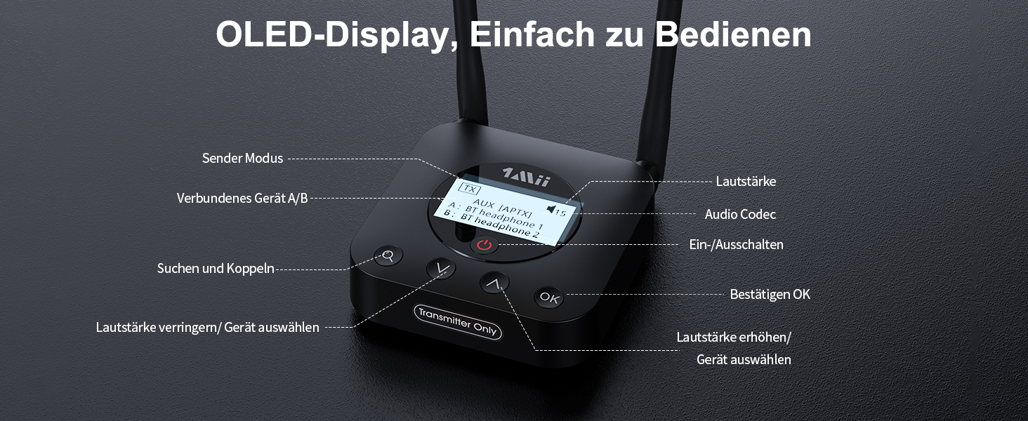 1Mii Bluetooth 5.2 Передавач для ТВ з aptX HD та низькою затримкою, велика дальність дії, аудіоадаптер для 2 навушників або динаміків, 3,5mm AUX/Оптичний/Коаксіальний вихід, регулювання гучності (B06TX+)