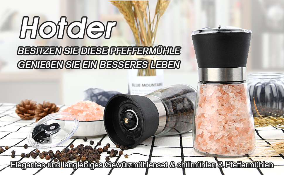 Набір мельниць для солі та перцю Salzmühle & Pfeffermühle PG180 (2 шт.) з регульованим керамічним жорном, скляні, для різних спецій, включаючи перець чилі