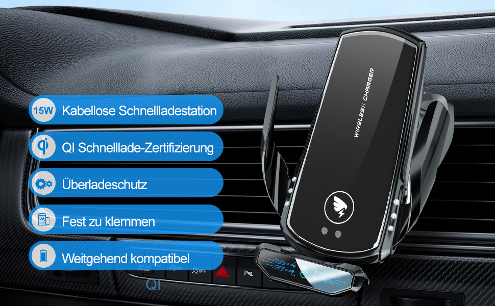 Автомобільний бездротовий зарядний пристрій AmazeFan 15W Qi з тримачем для телефону, чорний