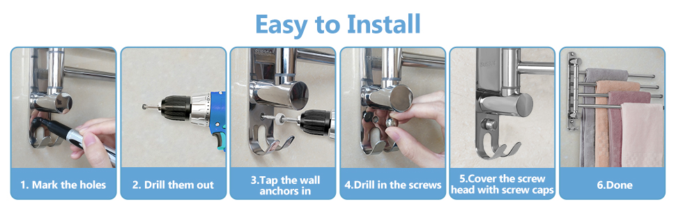 Підставка для рушників JSVER на 360° з нержавіючої сталі, з 4-ма кріпленнями, поворотна, на стіну, для ванної, кухні та гардеробу, срібна