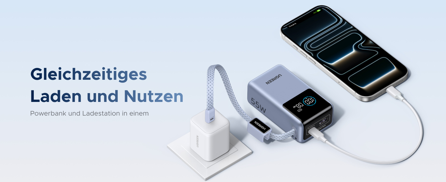 Power Bank UGREEN 10000mAh 55W з кабелем, PD 45W, Mi Turbo Charge для Xiaomi, сумісний з iPhone 15/16/17, блакитний