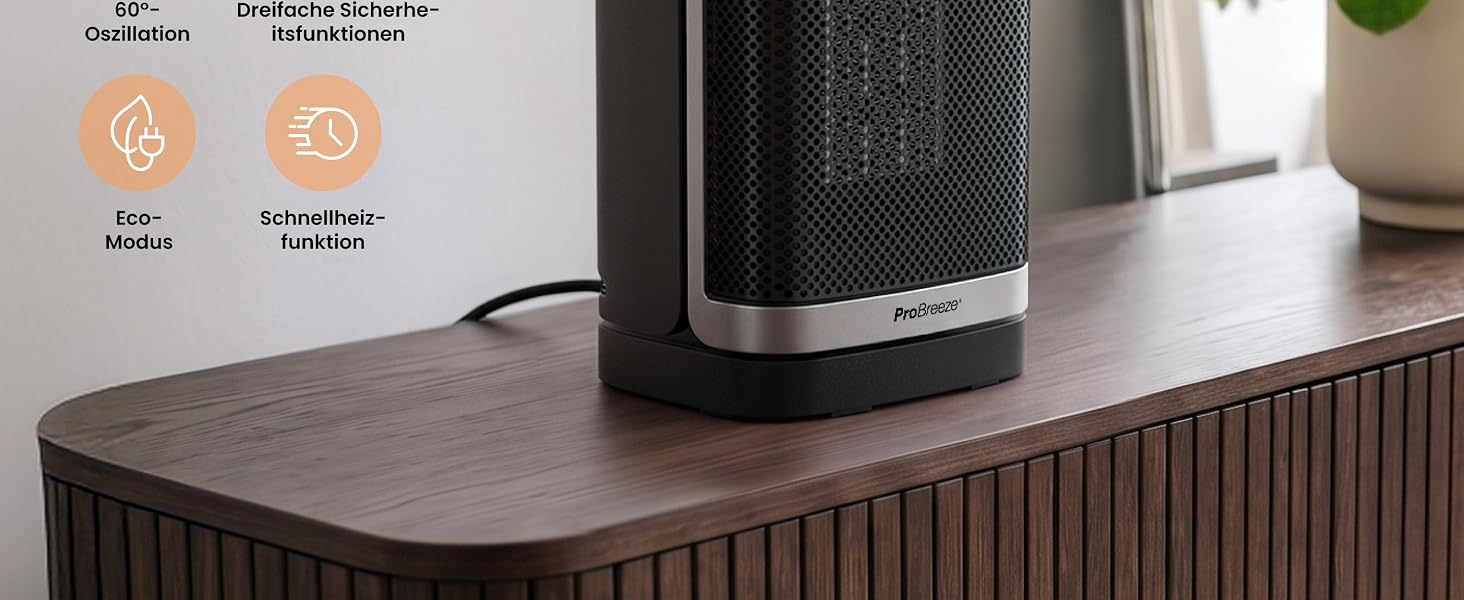 Керамічний тепловентилятор-товпіль Pro Breeze ThermaCube Plus 2200W з термостатом, дистанційним керуванням та Eco-режимом, обертання 65°, захист від перекидання
