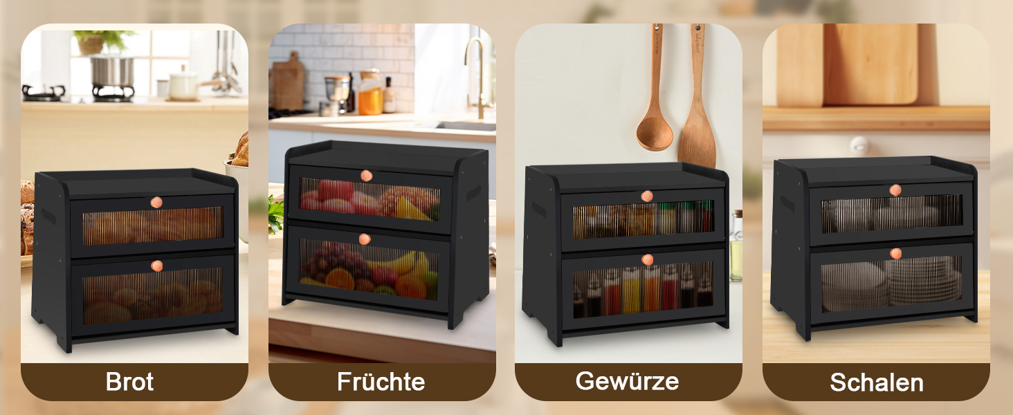 Бак для хліба з бамбука для кухні, 2-шаровий контейнер для домашнього хліба, чорний прямокутний, велика місткість