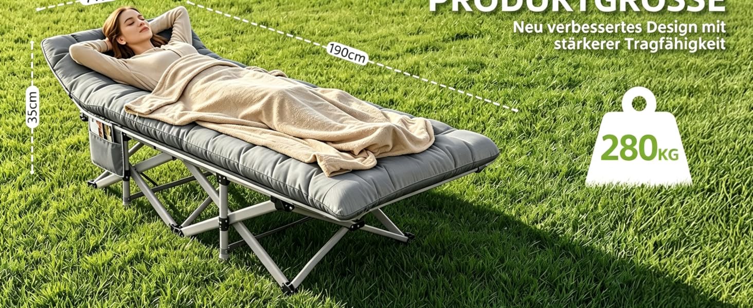 Складане кемпінгове ліжко Feldbett XXL з матрацом (літо/зима), посилене розкладне ліжко для відпочинку, садів та наметів, витримує до 280 кг, сіре, великий розмір