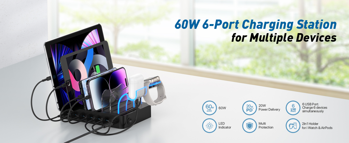 Зарядний хаб SooPii USB 60W/12A з 6 портами, органайзер для декількох пристроїв, з тримачем для Apple Watch, 6 кабелів у комплекті (Чорний)