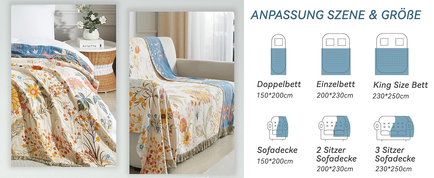 Богемна ковдра Boho 100% бавовна, м'яка ковдра з мусліну, плед 150x200 см, ковдра на диван та ліжко, декоративна ковдра, літня ковдра для вітальні, зелено-бежева (200 x 230 см, квітковий сад)