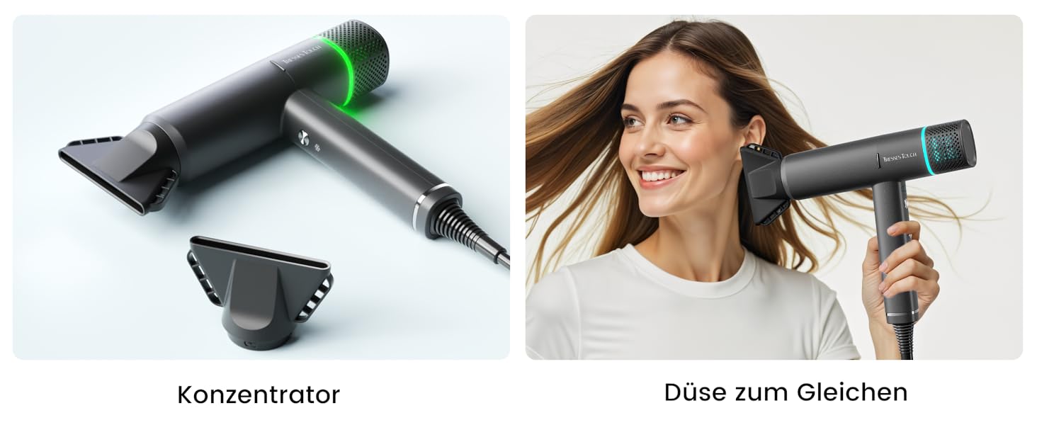 Іонізатор для волосся Föhn - високошвидкісний фен з насадкою-дифузором для жінок та чоловіків, 3 режими/2 швидкості, легкий, рівномірне тепло, тихий, чорний (сірий)