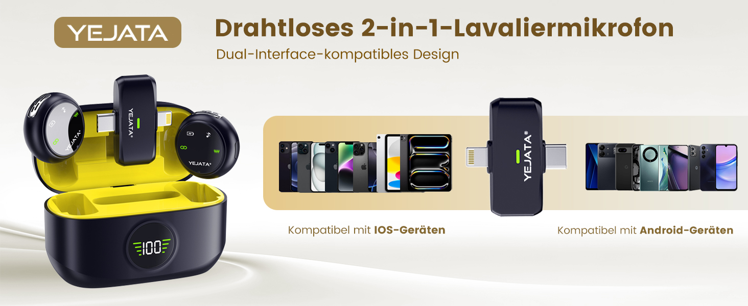 Мікрофон 2-в-1 для iPhone та Android з шумозаглушенням, кейс на 40 годин, магнітна застібка та кріплення для інтерв'ю, жовтий, 25 метрів