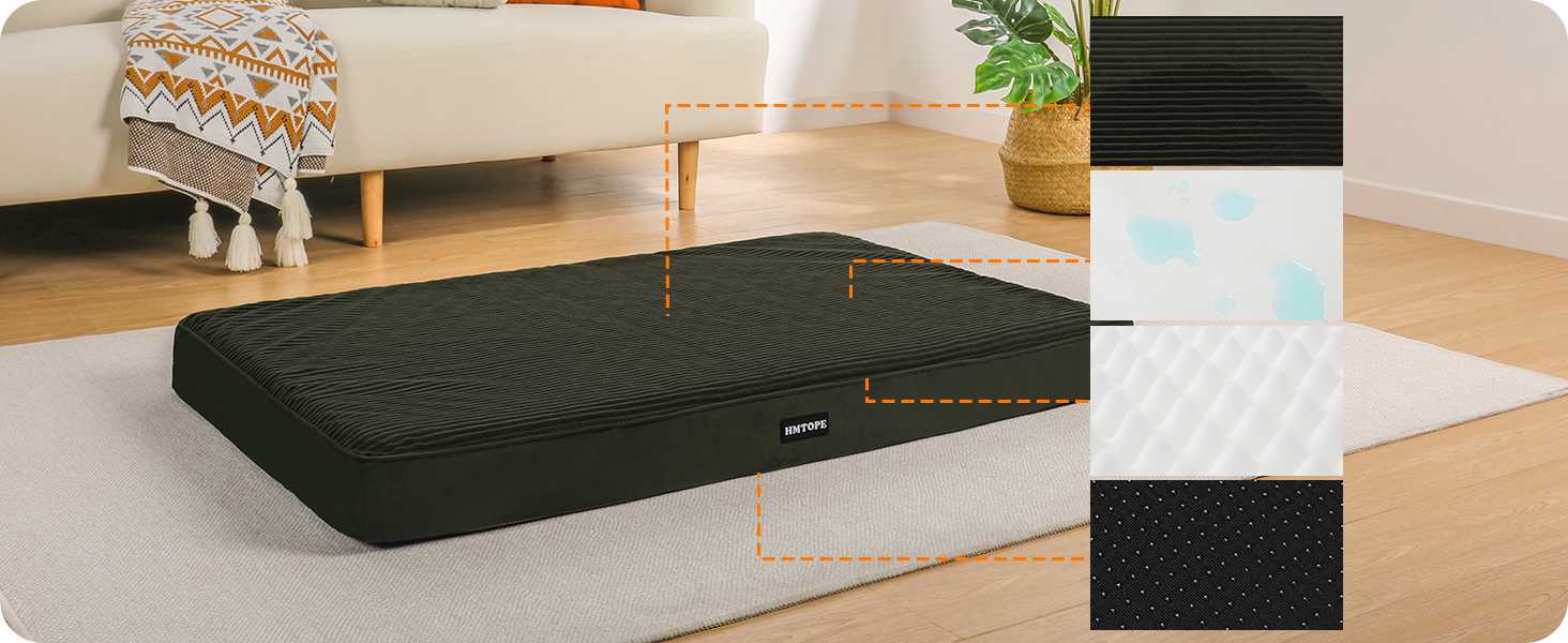 Ортопедичне ліжко для собак, 10 см товщина, для середніх та великих собак, знімний та пральний килимок, неслизьке дно, водонепроникне внутрішнє покриття, 112 см, оливковий колір