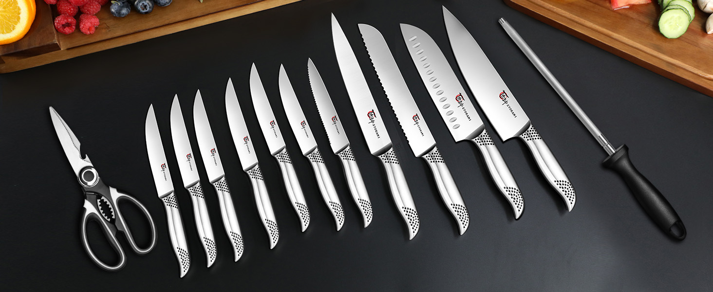 Набір кухонних ножів Messerset 7 предметів у японському стилі з магнітним блоком з акації, вуглецева сталь, нековзка ручка