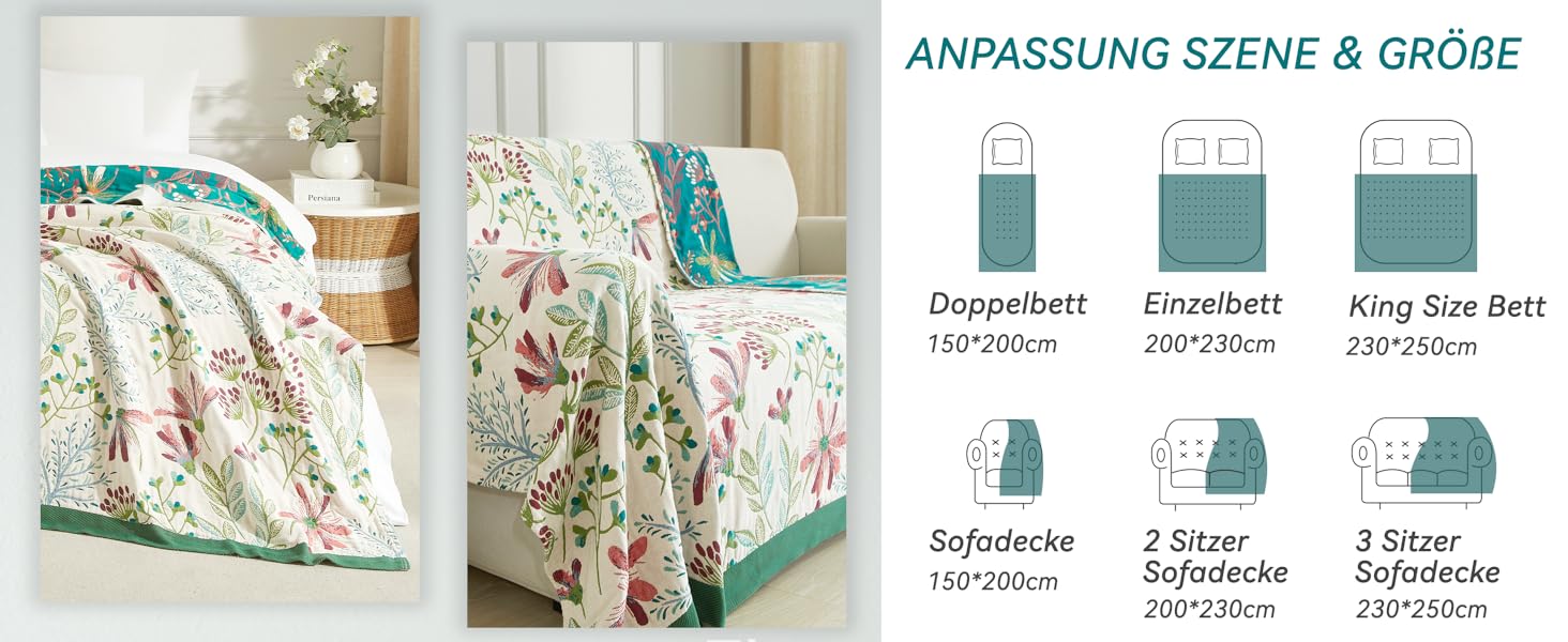 Богемна ковдра Boho 150x200 см, 100% бавовна, двостороння муслінова ковдра, плед для дивану та ліжка, Patchwork, зелено-бежева