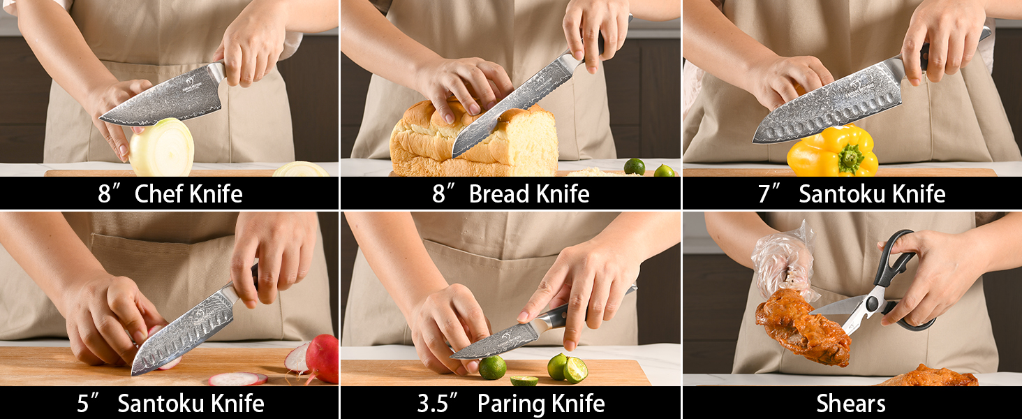 Набір кухонних ножів NANFANG BROTHERS Damascus 7 предметів з підставкою, нековзна ручка ABS, високоякісна нержавіюча сталь, ніж шеф-кухаря, хлібний ніж, ніж сантоку, ніж для очищення, ножиці