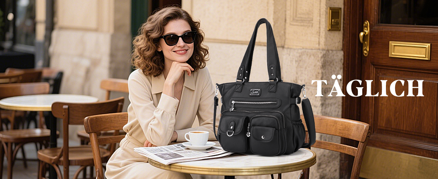 Сумка жіноча KL928 через плече, велика, чорна, PU шкіра, з багатьма відділеннями