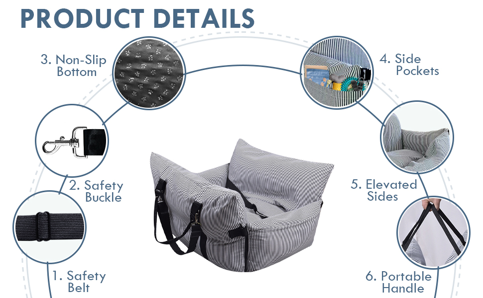 Автокрісло для собак маленьких та середніх порід (до 18 кг), з ременем безпеки та кишенями, антиковзаюча підставка, миється, морські смуги, 76x52 см