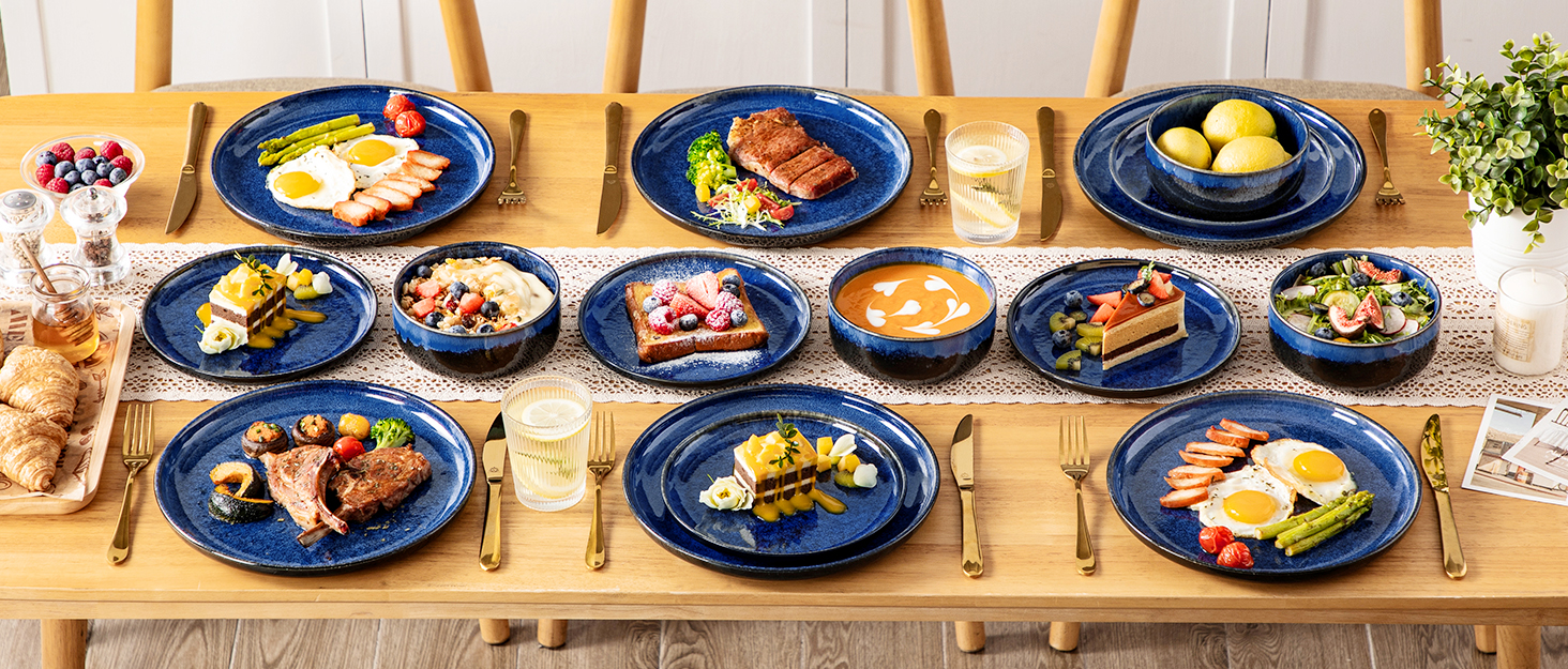 Vancasso Starry 24-Piece Blue Stoneware Dinnerware Set for 6 - Complete Tableware Set with Plates, Bowls