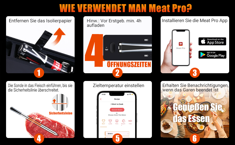 Бездротовий термометр для м'яса, приготування на грилі та в духовці з Bluetooth, таймером та сигналом, для приготування на грилі, в духовці, BBQ, для кухні та гриля EM8