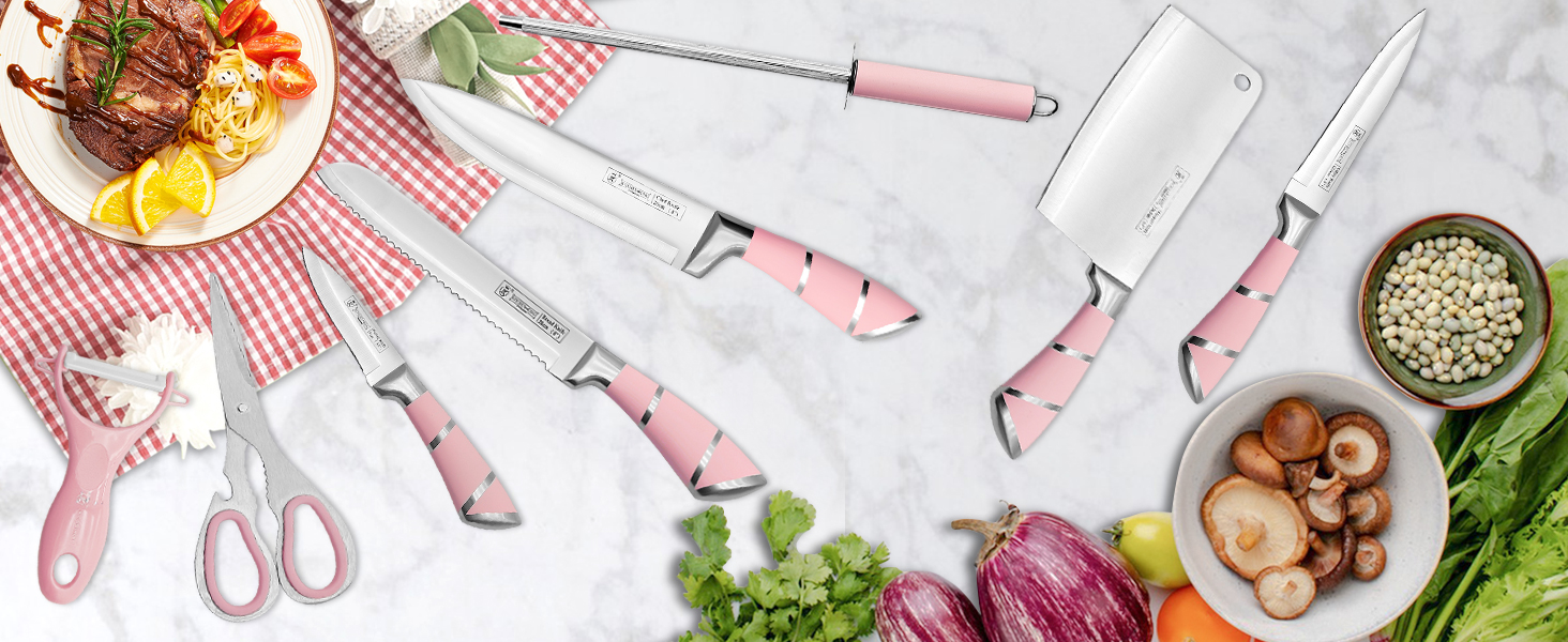 Набір кухонних ножів Justup 9шт з обертовим блоком, рожевий. Набір ножів з нержавіючої сталі з антипригарним покриттям, з точилкою для кухні.