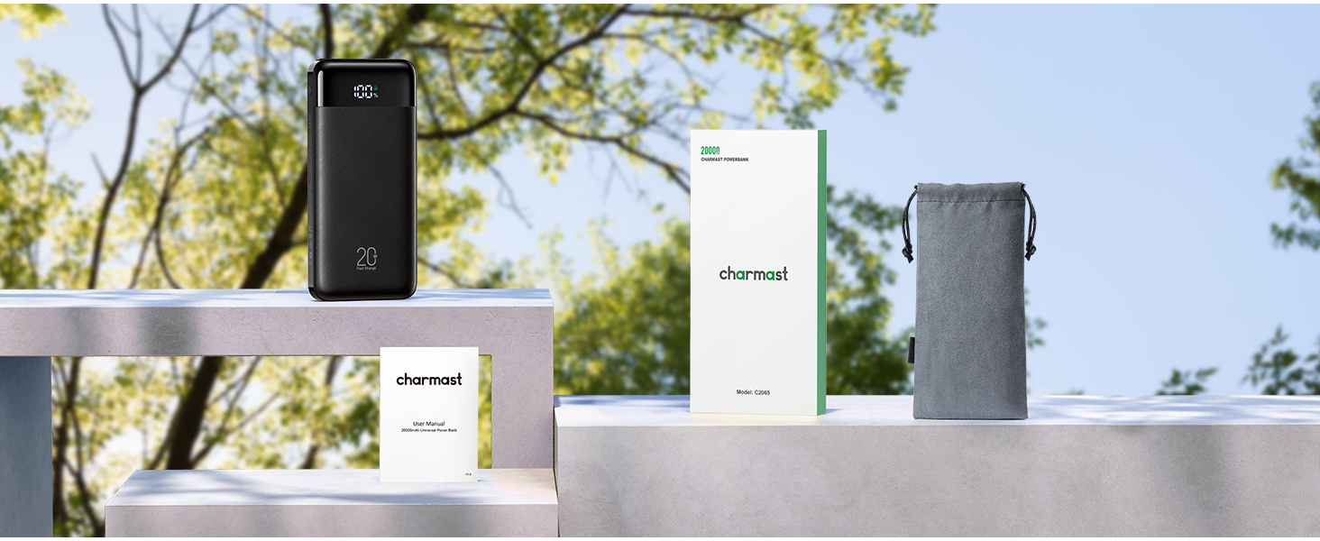 Power Bank Charmast 20000mAh з LED-дисплеєм та 4 кабелями (USB C, PD3.0, QC4.0) – чорний