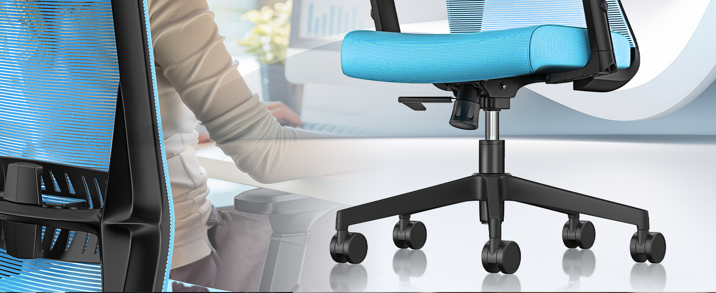 Офісне крісло KESSER® ергономічне з регульованими підлокітниками, підтримкою попереку та підголівником | Крісло для офісу з функцією гойдання до 125° та 5 колесами | Синій/Чорний