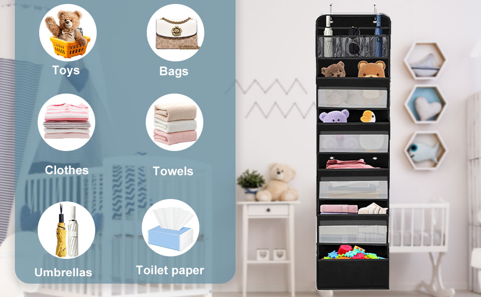 Організатор для дверей, підвісний, з 5 кишенями, з гачками, для ванної кімнати, шафи, кемпінгу, 150x36.5x14 см (Чорний)