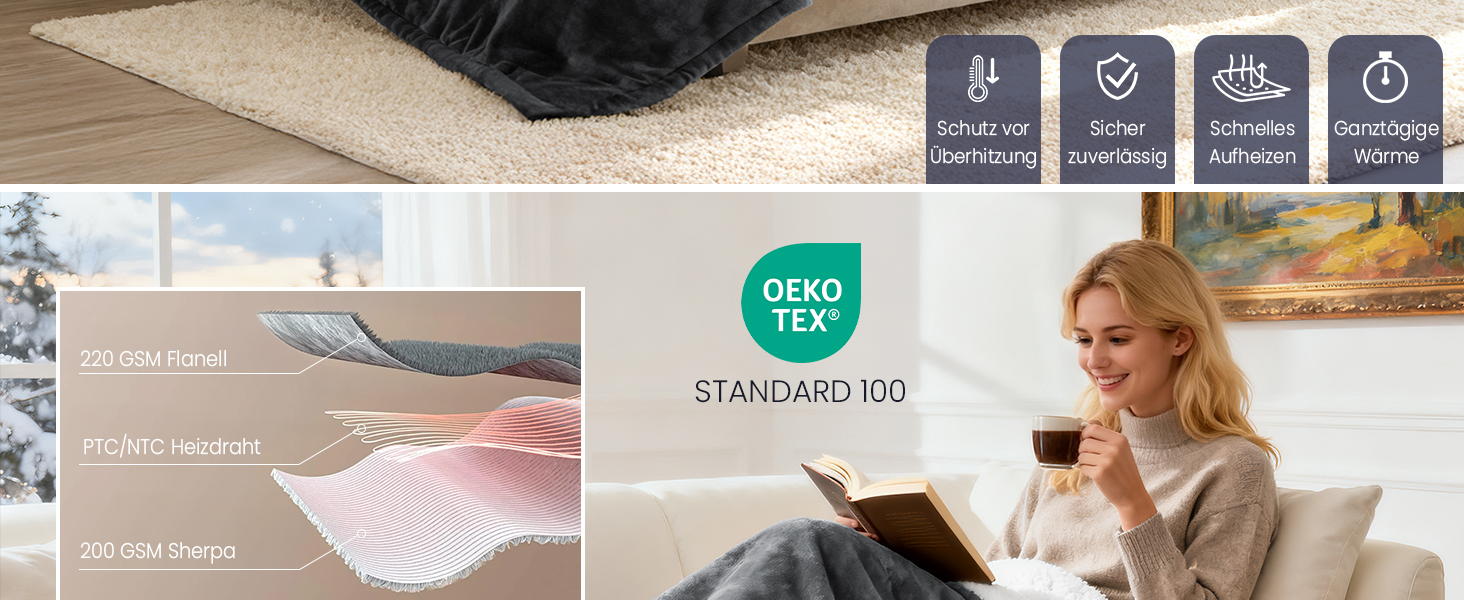 Електрична ковдра AnySun з підігрівом 180x130 см з автовимкненням, 6 режимів нагріву, таймер 10 годин, захист від перегріву, для ліжка, дивану, машинне прання, сіра