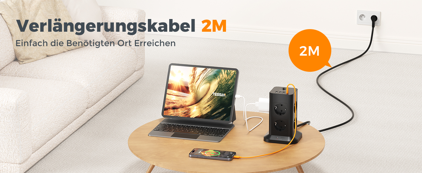 Мережевий фільтр TESSAN 8 розеток з 2 USB-C, захист від перенапруги, 2 метри кабелю, 3600W, сірий/білий