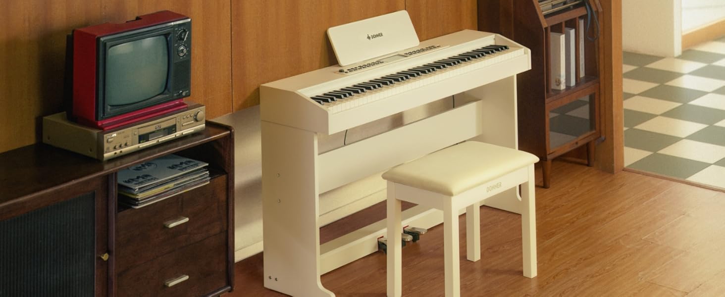 Цифрове піаніно Donner DDP-95 для початківців з 88 важними клавішами, бездротове підключення, LCD дисплей, 610 тембрів, 600 ритмів, 3 навчальні режими, біле