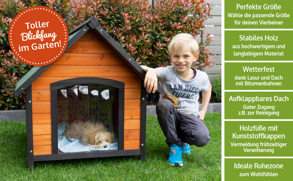 Будка для собак Zooprinz Luna Premium - з водостійкої деревини, відкривається дах та ламельна двері, для вулиці, натуральний колір, 2 розміри - XL