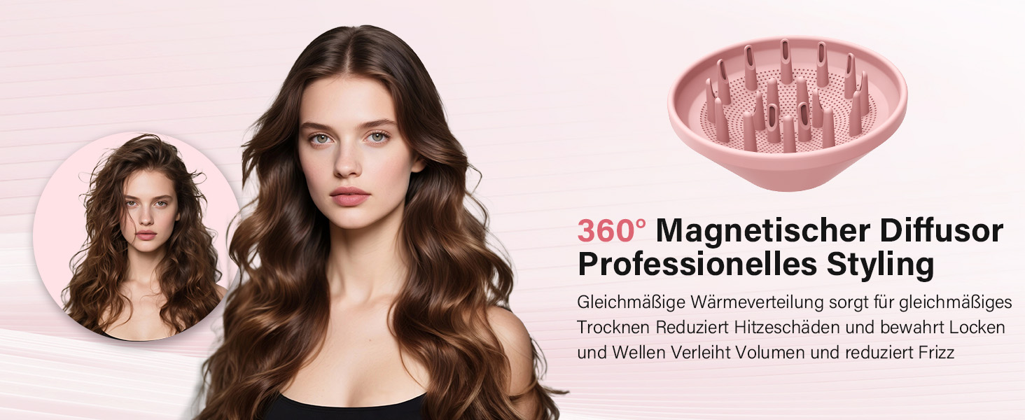 Фен з дифузором, 57dB, швидке сушіння, для подорожей та дому (рожевий)