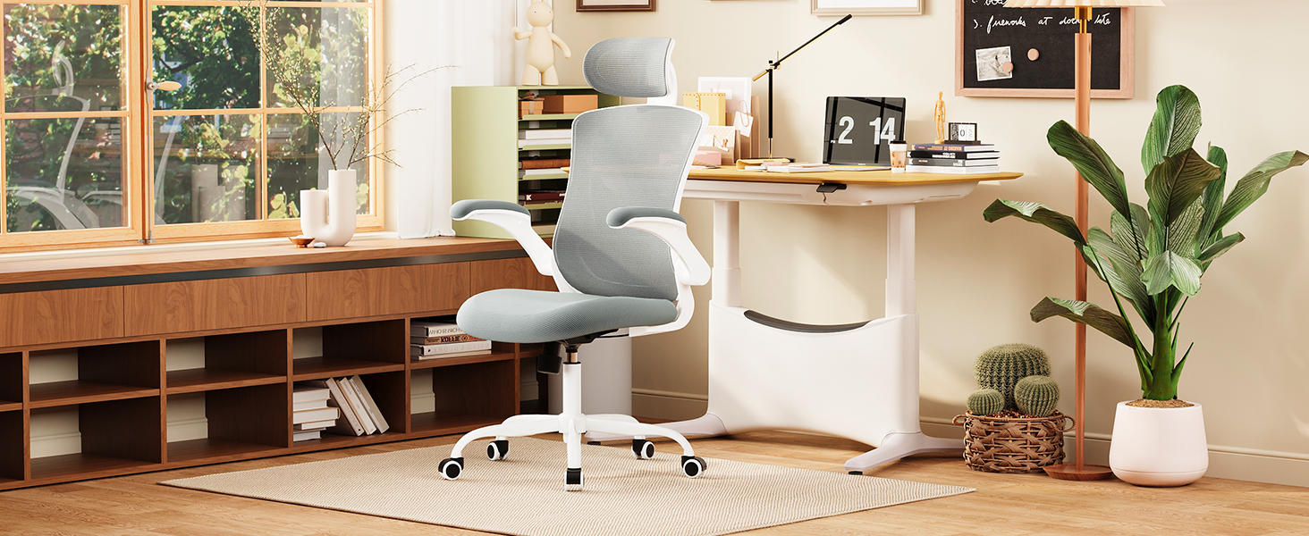 Офісне крісло Colamy з ергономічною підтримкою спини, регульованою підголівником та поперековою підтримкою, сітчасте, сірого кольору
