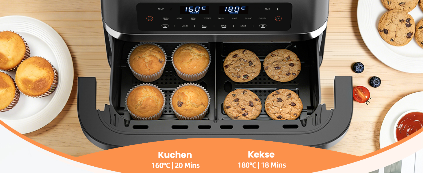 Аерофритюрниця WELLENT 12л з двома камерами (4+7л) 2600 Вт - 10-в-1, сенсорний екран, функція Match&Sync, миття в посудомийній машині