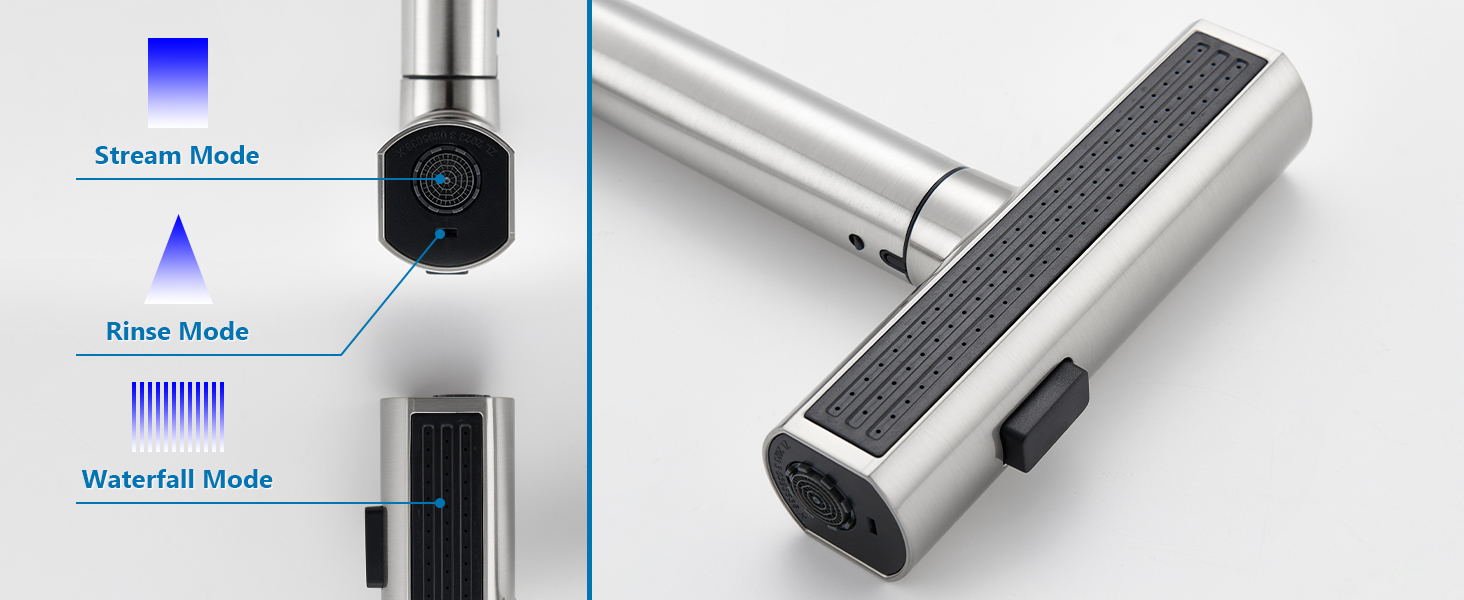 Чорний кухонний змішувач з висувною лійкою, водоспад, високий тиск, 3 режими, 360° поворот, нержавіюча сталь (нікель)