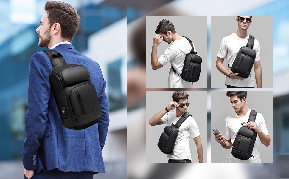 Чоловіча сумка-слінг Crossbody через плече, водонепроникна нагрудна сумка з USB-портом для подорожей, роботи та спорту, чорна