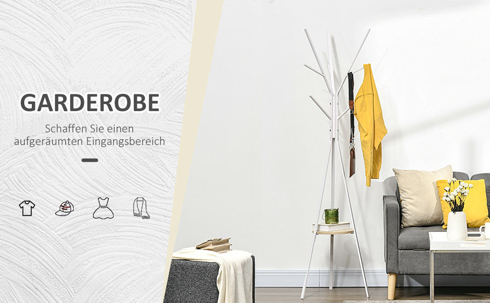 HOMCOM Coat Rack, Clothes Rack with 8 Hooks, Coat Stand with Shelf, Freestanding Coat Rack for Clothes, Hats, Bags, Metal, 45 x 45 x 180 cm (White)