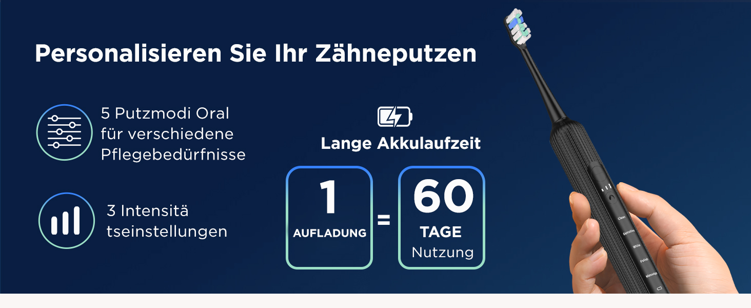 Електрична звукова зубна щітка для дорослих та дітей, 5 режимів чищення, 3 рівні інтенсивності, таймер, 8 насадок, чохол для подорожей, акумуляторна, чорний Obsidianschwarz