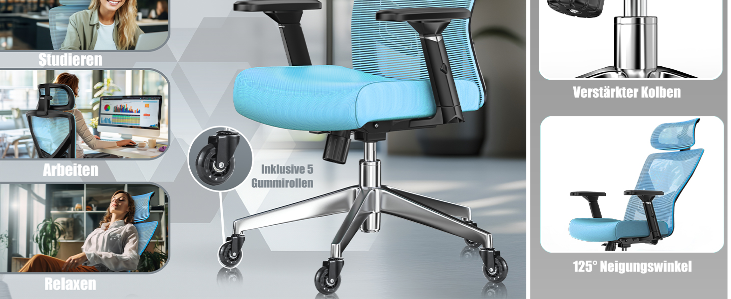 Крісло офісне KESSER® ергономічне з регульованими підлокітниками, поворотне з підтримкою попереку, з підголівником, функція гойдання до 125° та 5 роликів, блакитне/сріблясте