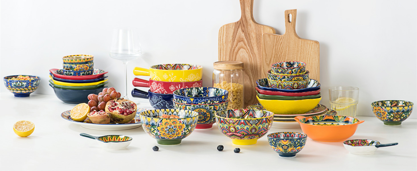 Набір супових тарілок Henten Home, 4 шт. - 300 мл, порцеляна, для супу, десерту, морозива, набір, богемний стиль