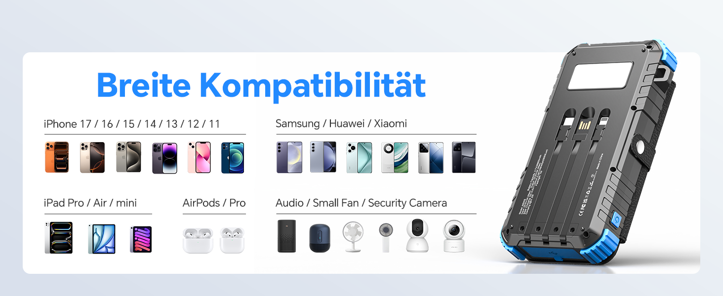 Powerbank Solar 26800mAh з USB-C, 5 виходів, водонепроникний, з карабіном та ліхтариком, для кемпінгу, телефонів та планшетів (блакитний)