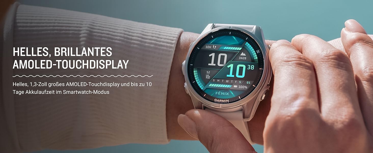 Garmin fēnix 8 43mm: Мультиспортивний смартгодинник з AMOLED-дисплеєм, до 10 днів роботи, 80+ спортивних функцій, топографічні карти, EKG, телефон, музика, ліхтарик